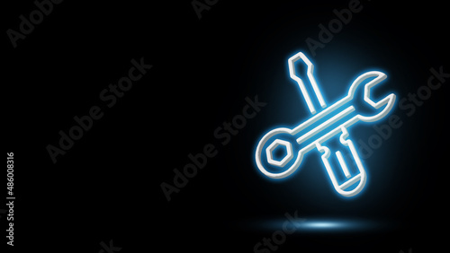 3d tools on black background. Neon tools with black background. Light tools with 3d elements