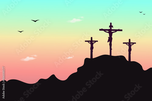 Jesus christ on the cross at calvary mountain with two thieves Fototapet