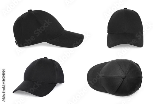 Set with stylish black baseball caps on white background