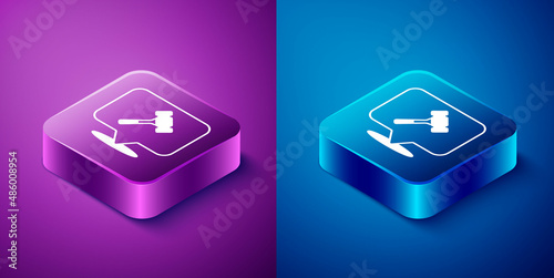 Isometric Auction hammer icon isolated on blue and purple background. Gavel - hammer of judge or auctioneer. Bidding process, deal done. Auction bidding. Square button. Vector