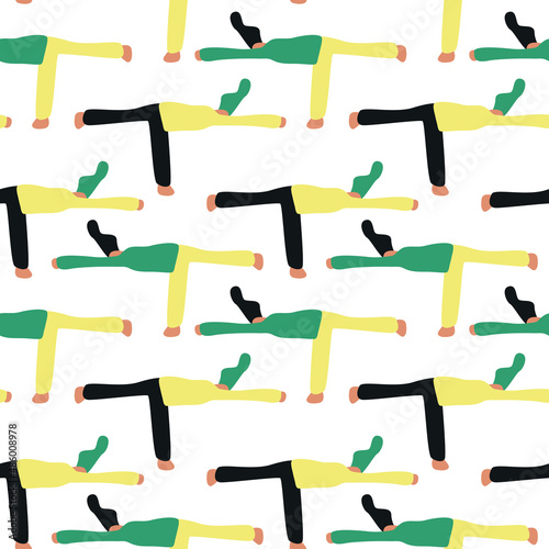 Seamless pattern. Vector illustration with woman doing yoga. Balancing Stick Pose  - asana. Cartoon charcter