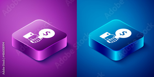 Isometric Hand holding auction paddle icon isolated on blue and purple background. Bidding concept. Auction competition. Hands rising signs with BID inscriptions. Square button. Vector