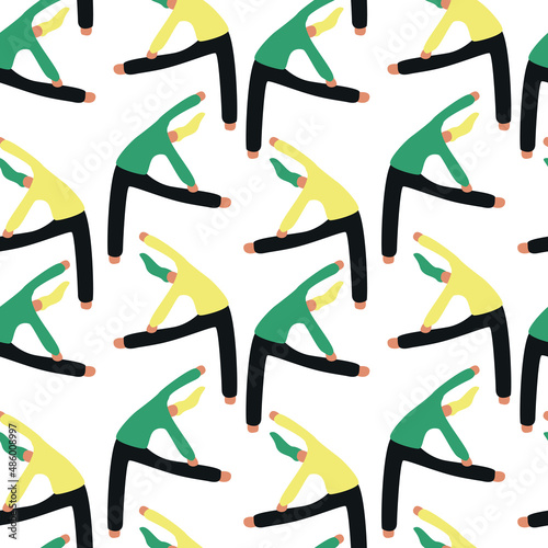 Seamless pattern. Vector illustration with woman doing yoga - balancing pose. Cartoon charcter