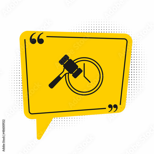 Black Auction hammer icon isolated on white background. Gavel - hammer of judge or auctioneer. Bidding process, deal done. Auction bidding. Yellow speech bubble symbol. Vector