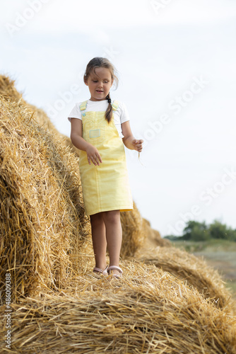 Caucasian pretty young female kid standing on rolled haystack with eyes looking down holding hay in one hand in sundress. Having fun away from city on field full of golden hay.