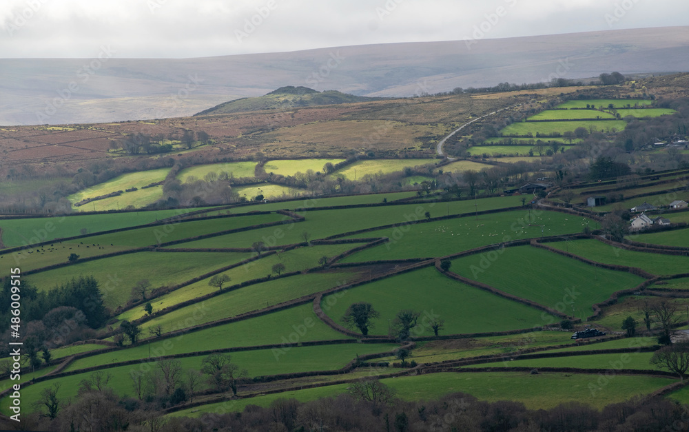 A Dartmoor view looking down on green fields at Widecombe Dartmoor. 