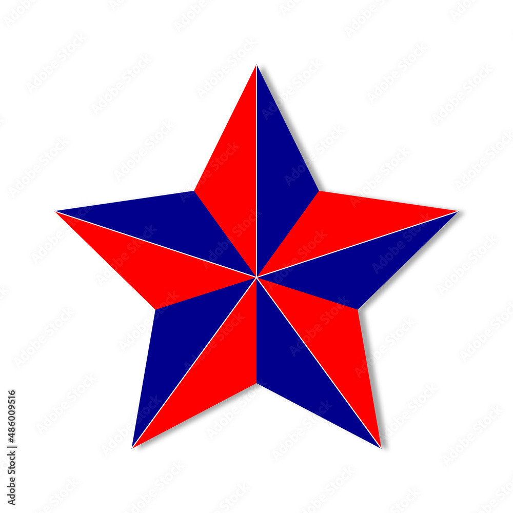 One star with red and blue sides isolated on a white background, casting a shadow.