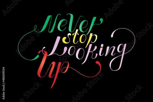 Never stop looking up. Handwritten black script thin text typography lettering and calligraphy phrase isolated on white background. Vector illustration. Design for logo, concept, postcard, print.