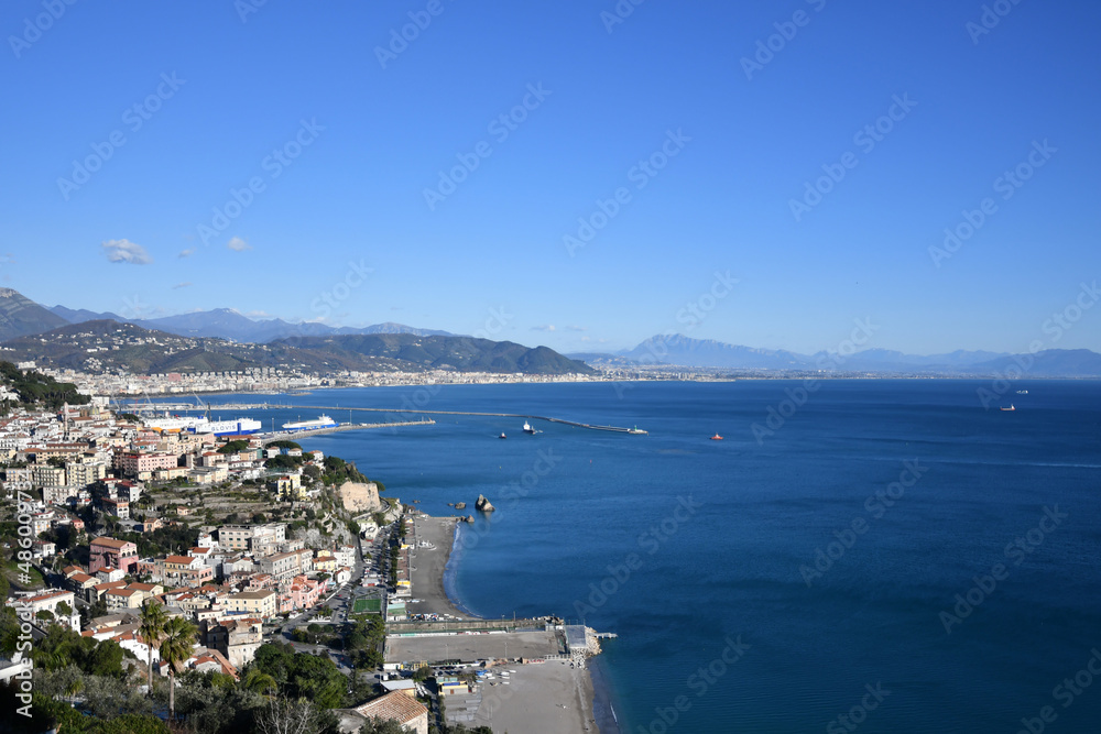 View of the gulf of Salerno, in Italy. In the foreground the port and the coast in the distance.