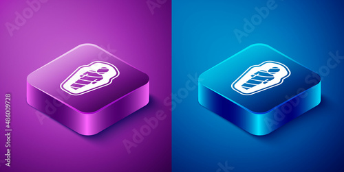 Isometric Egypt mummy in sarcophagus icon isolated on blue and purple background. Square button. Vector