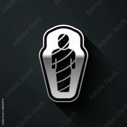 Silver Egypt mummy in sarcophagus icon isolated on black background. Long shadow style. Vector