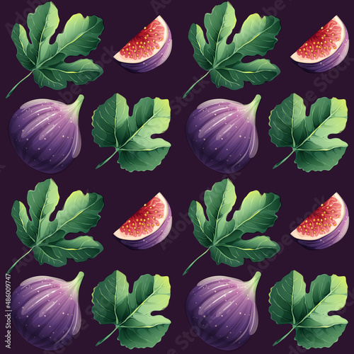 Beautiful watercolor bright pattern with fig fruits. Realistic vector watercolor style illustration. Mediterranean design elements.