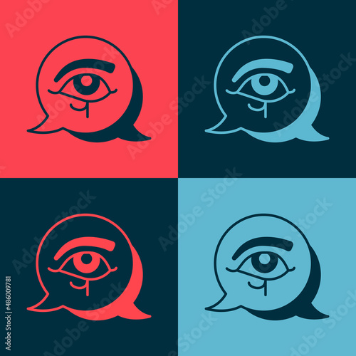 Pop art Eye of Horus icon isolated on color background. Ancient Egyptian goddess Wedjet symbol of protection, royal power and good health. Vector