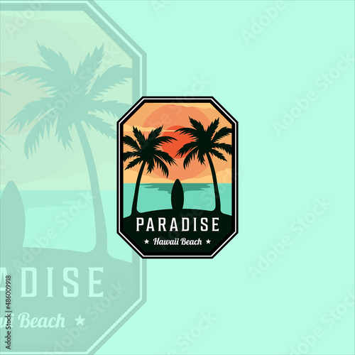 beach or paradise emblem logo modern vintage vector illustration template icon graphic design. palm or coconut tree at the outdoors with surfboard sign or symbol for travel adventure