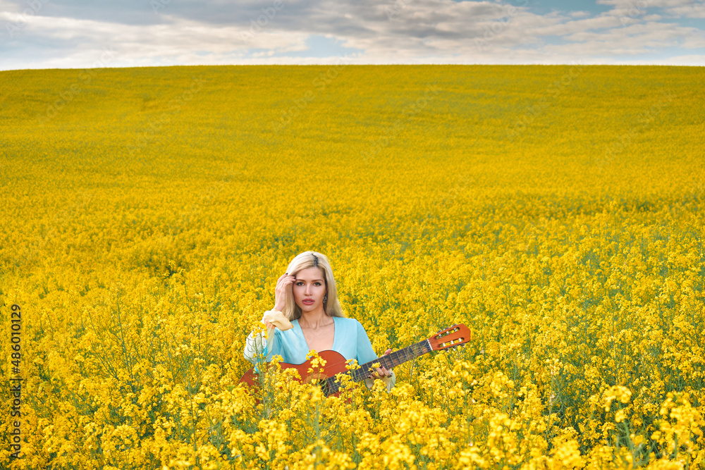 Fototapeta premium sexy woman in the field with a guitar. concept freedom, inspiration, relaxation