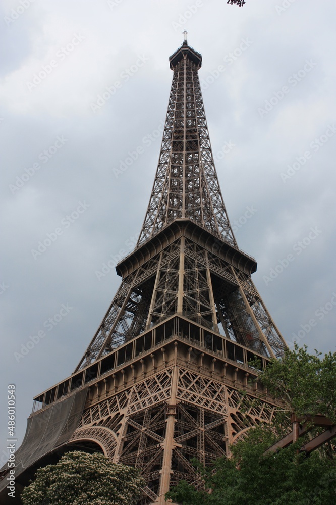 eiffel tower , steel , trees , height , sky , branches , france , europe , leaves , green , brown