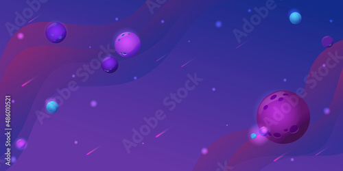In the purple and blue space of the universe are planets and asteroids and stars. Horizontal banner mystical and mysterious space. Background for astronautics and UFO.