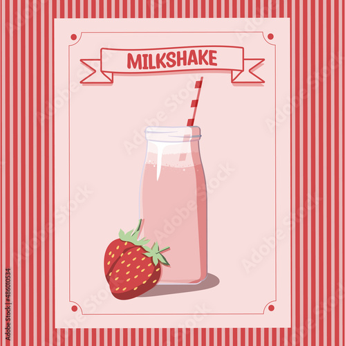 Drawing of a strawberry milkshake. Vector illustration of glass with strawberry tube and smoothie. Strawberry dessert for recipe design, websites or stickers.