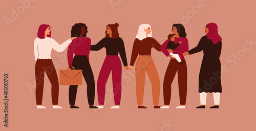 Young women of different ethnicity and professions hold hands together. Strong and brave females support each other. Sisterhood and helpeness poster. Vector illustration