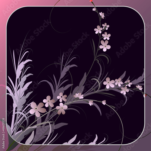 Floral pattern on a purple background orange flowers with leaves and a green shoot for the design of a headscarf, hijab, tablecloth, headscarf, shawl. Vector illustration.