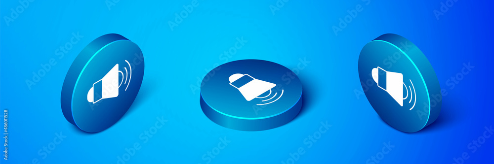 Isometric Megaphone icon isolated on blue background. Speaker sign. Blue circle button. Vector Isometric Megaphone icon isolated on blue background. Speaker sign. Blue circle button. Vector
