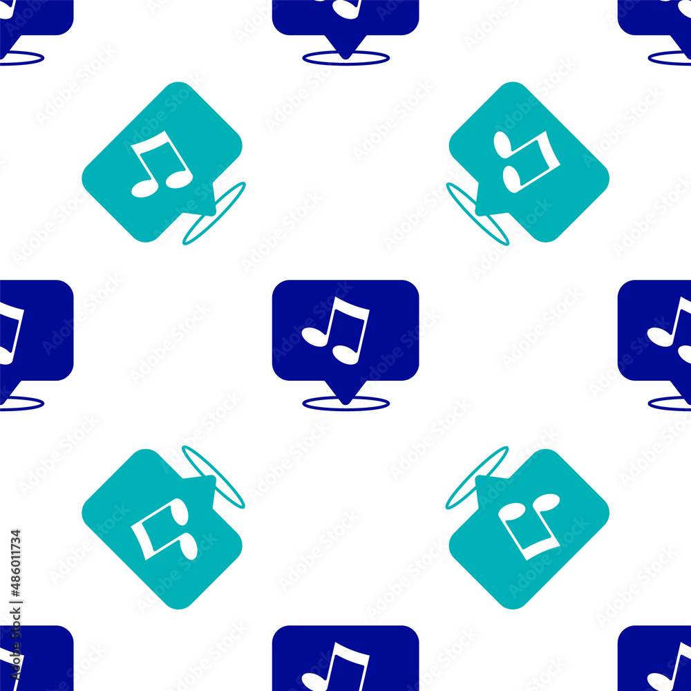 Blue Music note, tone icon isolated seamless pattern on white background. Vector