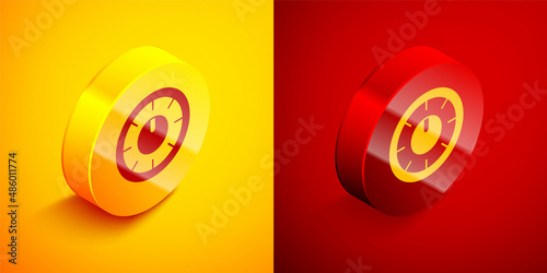 Isometric Sound mixer controller icon isolated on orange and red background. Dj equipment slider buttons. Mixing console. Circle button. Vector