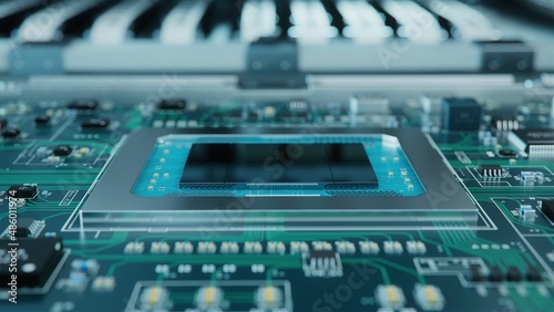 Shot of Generic Printed Circuit board with Microchips and other Components During Production Process. Electronics Manufacturing. Bright Environment