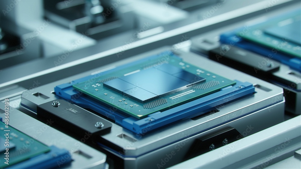 Advanced Computer Processor during Production at Semiconductor Foundry in Bright Environment. Advanced Computer Processor during Production at Semiconductor Foundry in Bright Environment.