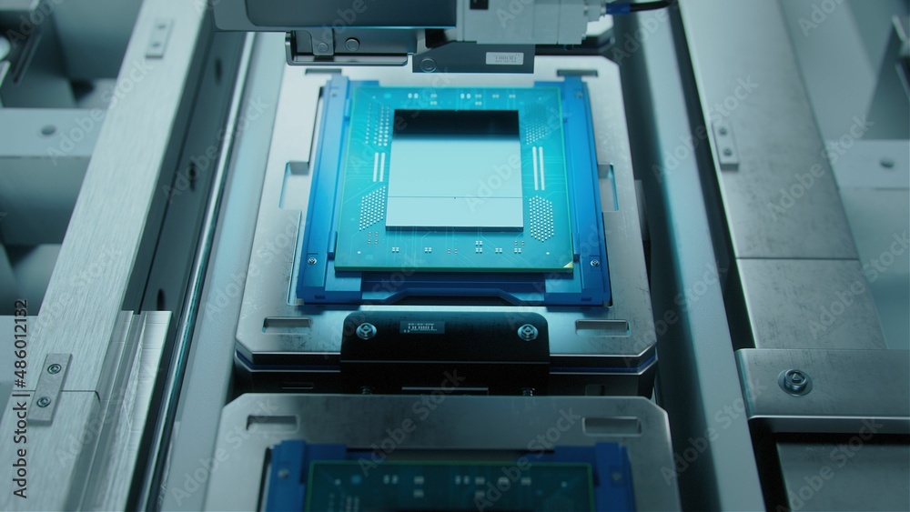 Advanced Computer Processor during Production at Semiconductor Foundry in Bright Environment. Advanced Computer Processor during Production at Semiconductor Foundry in Bright Environment.