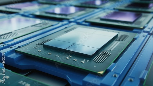 Macro Shot of Computer Processor Production Line at Advanced Semiconductor Foundry in Bright Environment. Microchip Factory. photo