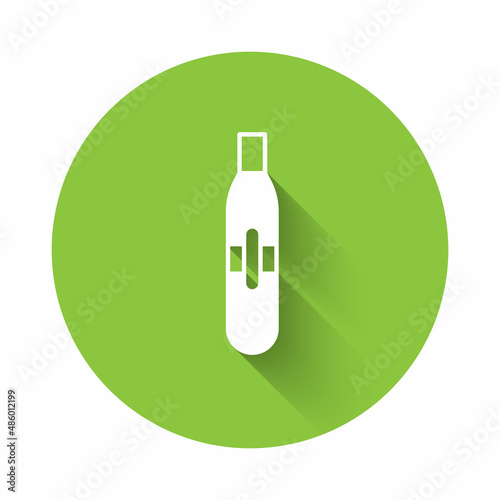 White Electronic cigarette icon isolated with long shadow background. Vape smoking tool. Vaporizer Device. Green circle button. Vector