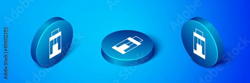 Isometric Vape mod device icon isolated on blue background. Vape smoking tool. Vaporizer Device. Blue circle button. Vector