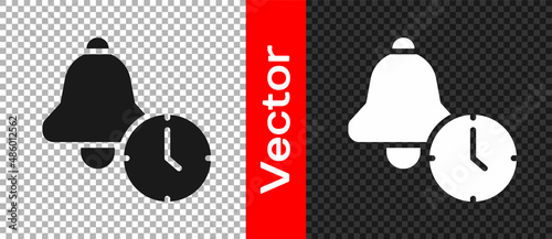 Black Alarm clock icon isolated on transparent background. Wake up, get up concept. Time sign. Vector