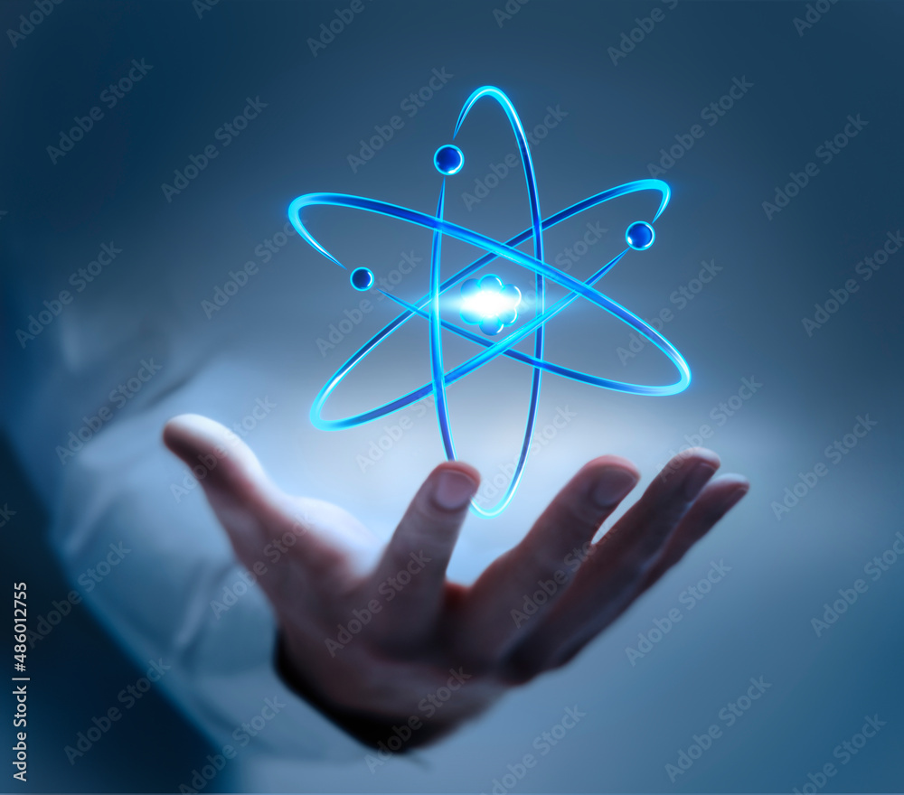 Business man hand showing symbol of an atom nucleus with electrons - 3D illustration	

 - obrazy, fototapety, plakaty 