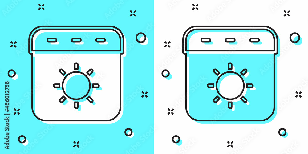 Black line Calendar summer icon isolated on green and white background. Event reminder symbol. Random dynamic shapes. Vector Black line Calendar summer icon isolated on green and white background. Event reminder symbol. Random dynamic shapes. Vector
