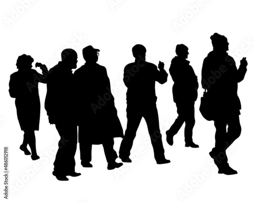 Big crowds people on street. Isolated silhouette on a white background