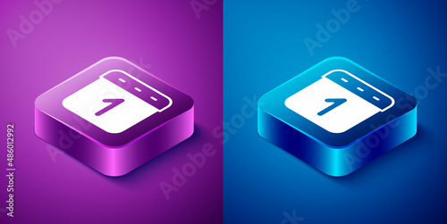 Isometric Calendar icon isolated on blue and purple background. Event reminder symbol. Square button. Vector