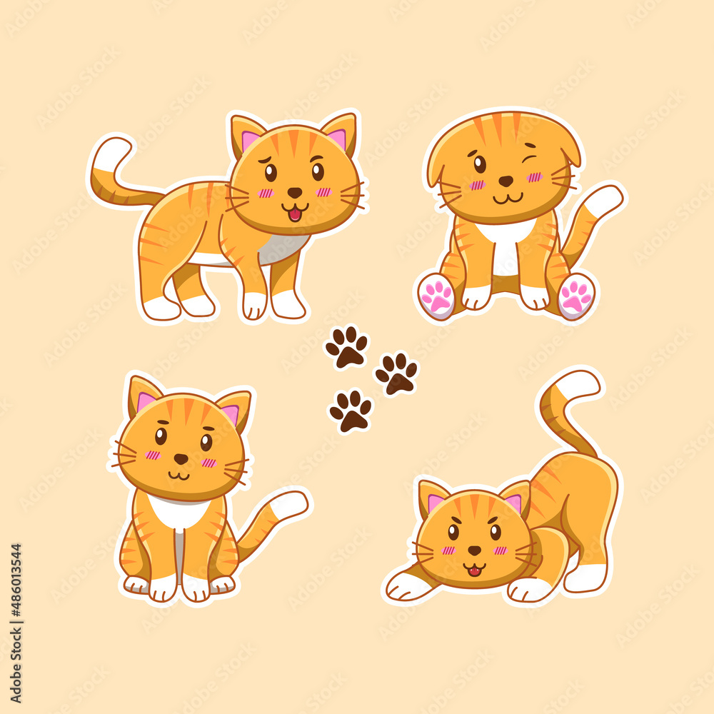 Obraz premium Cute orange cat sticker set in cartoon style. cartoon vector illustration