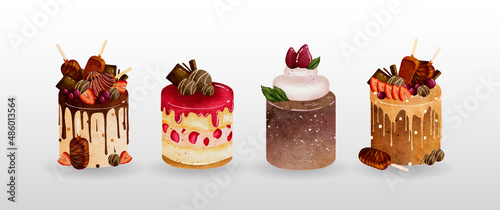 Collection of chocolate strawberries cakes in watercolor vector design