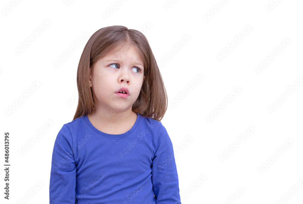 Little girl looking aside at something with distrust Little girl looking aside at something with distrust