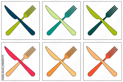 Crossed fork and knife, symbol for menu or restaurant, six different colorful icons isolated on white background