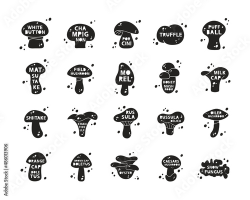 Silhouette stickers set of edible mushrooms. Black icons with lettering inside and abstract spots. Hand drawn isolated illustration on white background