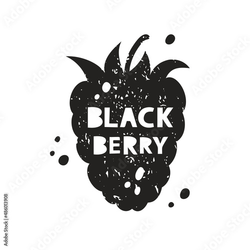 Blackberry grunge sticker. Black texture silhouette with lettering inside. Imitation of stamp, print with scuffs. Hand drawn isolated illustration on white background