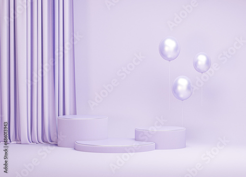 Winner podium for product presentation. Round podium on pastel purple background. 3d render illustration. Elegant silk fabric flow  falls to surface. 