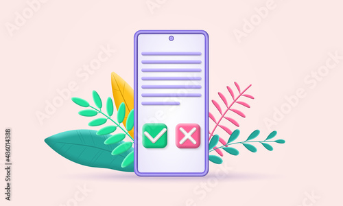 3d phone icon. Online agreement, document or contract on the smartphone screen with check or tick marks and cross symbols, yes or no buttons. Vector illustration.