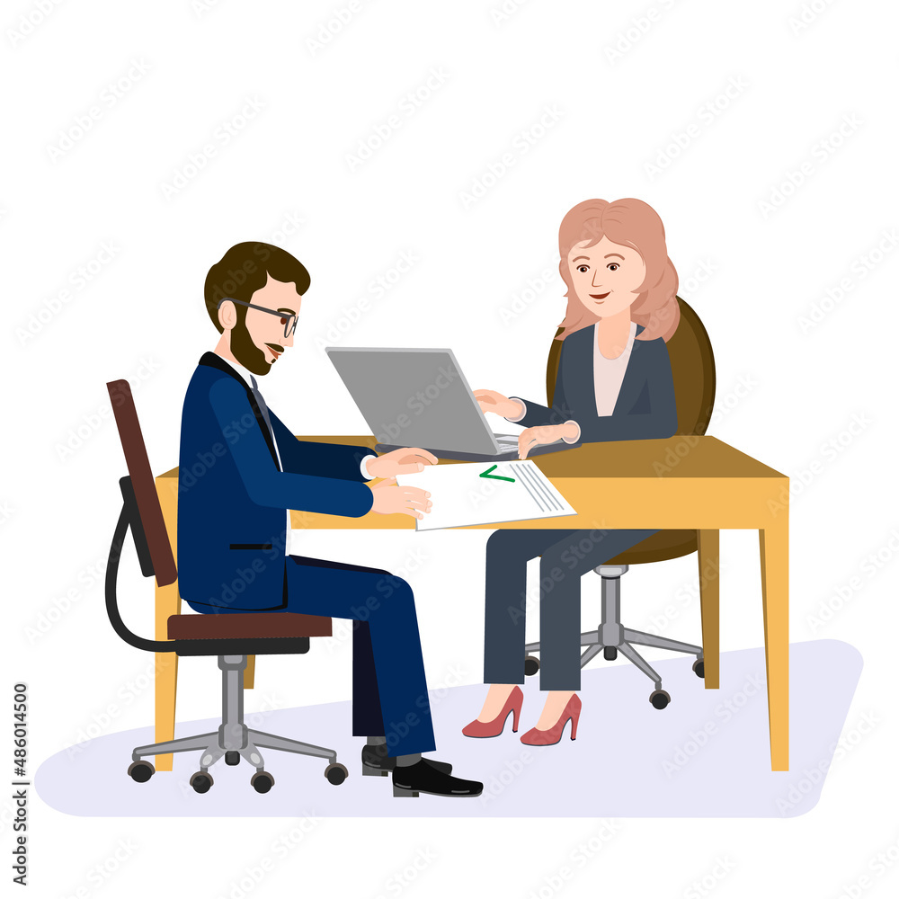 The client is sitting at the table, opposite the girl who works in the office. Vector illustration of a manager's workplace, working with clients. The girl gives the document with approval to the man The client is sitting at the table, opposite the girl who works in the office. Vector illustration of a manager's workplace, working with clients. The girl gives the document with approval to the man