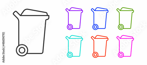 Black line Trash can icon isolated on white background. Garbage bin sign. Recycle basket icon. Office trash icon. Set icons colorful. Vector