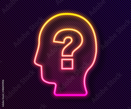 Glowing neon line Human head with question mark icon isolated on black background. Vector