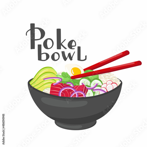 Tuna poke bowl illustration Hawaiian cuisine with handwritten lettering. Vector stock illustration isolated on white background for menu fast food restaurant with healthy, bio, organic meals. 